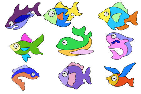 Set with sea fish. Cute colorful fish for kids. Vector.River fish for fishing.のイラスト素材