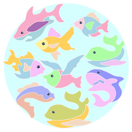Fish in a circle. Excellent sea and river fish. Children s illustration. Vector. Fishing for children.のイラスト素材