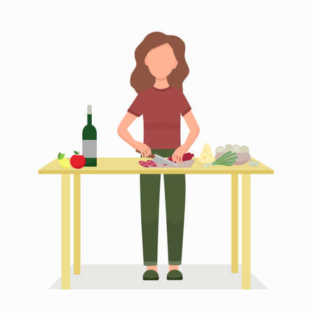 Woman cooks at home in the kitchen. The girl will cut the sausage, cook dinner or lunch. Vector. Cook at home.のイラスト素材