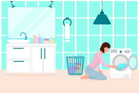 The girl washes clothes. The woman in the bathroom washes clothes in the washing machine. Housework, housekeeping. Vector.のイラスト素材