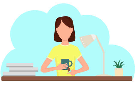 The girl drinks coffee with sweets. Lunch break, rest from work. The woman at the work table is drinking tea from a cup. Vector concept.のイラスト素材