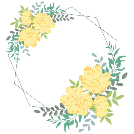 Elegant frame with yellow flowers and leaves. Round wreath for invitation or background. Place for signature, postcard template. Vector.のイラスト素材