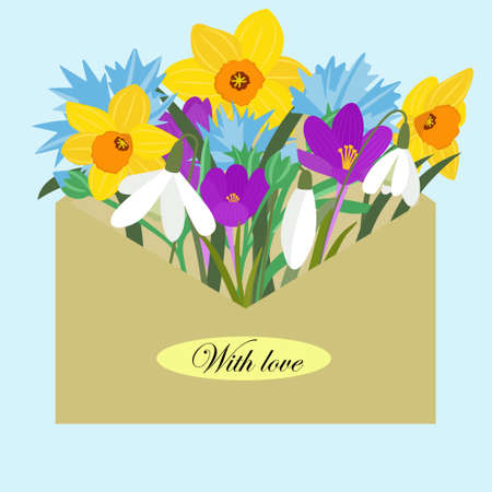 Envelope with spring flowers. Flowers daffodils, snowdrops, cornflowers, crocs in a mail envelope. Postcard for congratulations and confessions. With love, Vector.のイラスト素材