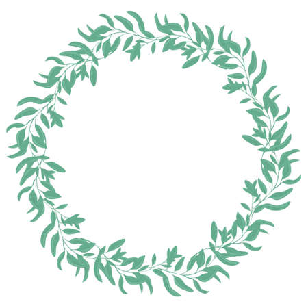 Round frame with leaves. Twigs with leaves in a circle. A simple wreath of green foliage. Vector, template for a postcard.のイラスト素材
