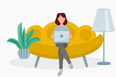 The girl is sitting on the couch with a laptop. The woman works from home, freelance or remotely. Freelance, educational process. Vector, concept. Flat.のイラスト素材