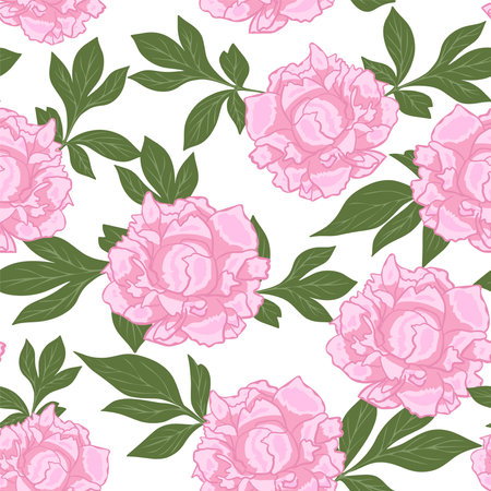 Seamless repeating pattern with delicate pink peonies. Large garden flowers with leaves. Floral background for fabric and interior design, vector.のイラスト素材