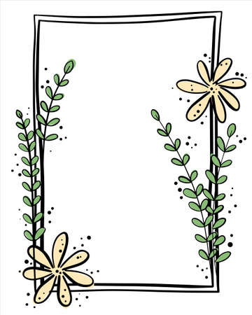 Rectangular frame with a line pattern of flowers and leaves. Hollow minimalistic frame. Delicate template for design. Vector.のイラスト素材