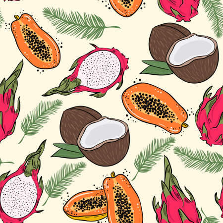 Seamless pattern with exotic fruits. Vector background with papaya pitahaya and coconuts. Fruits and palm branches.のイラスト素材