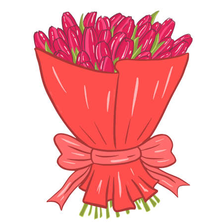 Lush bouquet with tulips. Bright pink flowers in packaging, vector. Postcard element.のイラスト素材