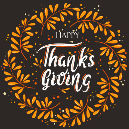 Circular frame with lettering, Happy Thanksgiving. Vector. Deciduous round wreath with congratulations. Postcard for a traditional autumn holiday. Hand drawing.のイラスト素材