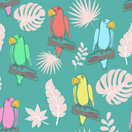 Seamless pattern with parrots line art, vector. Simple continuous pattern with exotic tropical...
