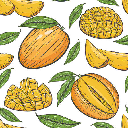 Seamless pattern with mango, vector. Continuous background with exotic tropical fruits. Mango whole and halves, leaves. Pattern with healthy natural food.のイラスト素材