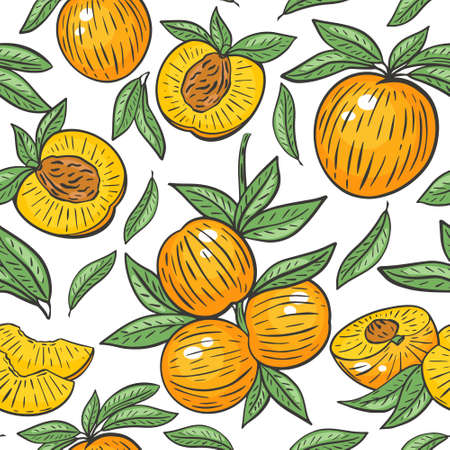 Seamless pattern with peaches, vector. Whole peach, half, slice, on a branch and leaves. Bright background with ripe fruits. Hand drawing healthy organic food. Wallpaper or pattern.のイラスト素材
