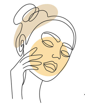 Woman face with hand, vector line art. Abstract image of a girl with simple lines, front. Continuous line minimalistic style portrait. Hand drawing.のイラスト素材