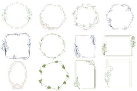 Set of frames, vector. Frame round, oval, rectangular and polygonal with flowers, sheets and leaves. Hand drawing, botanical sketch. Minimalist modern style, outlines for design.のイラスト素材