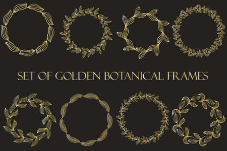 A set of golden botanical frames, hand painted. Vector collection of round frames from sheets. Vintage gold elements for wedding, holiday and greeting cards. Leaf wreaths.のイラスト素材