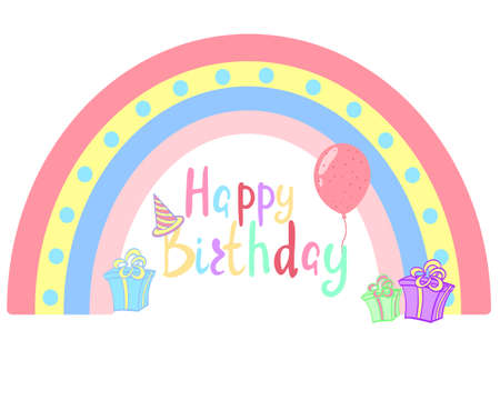Happy birthday handwritten text on rainbow background, vector illustration. Rainbow greeting card with a balloon and gifts. Children s color card. Cute baby greeting template.のイラスト素材