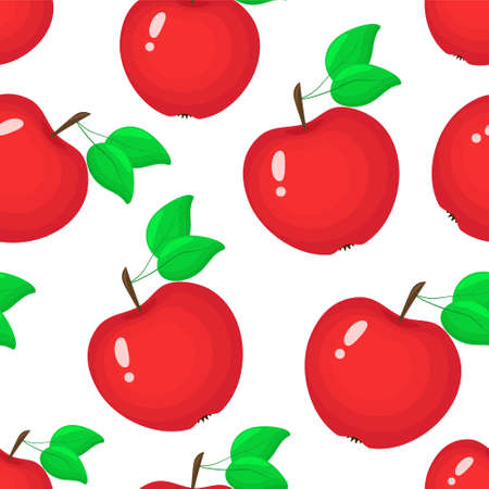 Seamless pattern with bright red apples, vector illustration. Fruits of different sizes, background. Hand drawing, healthy organic food template.のイラスト素材