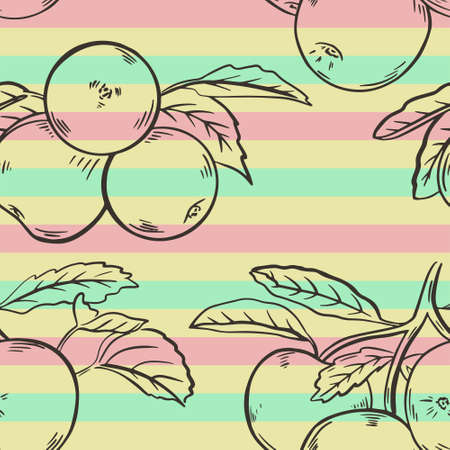 Seamless background with sketch apples, vector illustration. Fruit on a background of red, yellow...