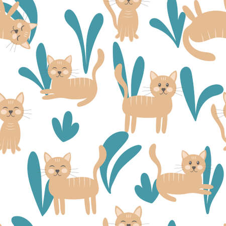 Cat and leaves, seamless pattern vector illustration. Sandy cats in different poses. Cute pets in the grass and leaves. Baby background for packaging, fabric, textile or wallpaper.のイラスト素材
