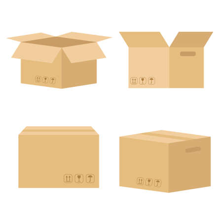 Set of cardboard boxes for parcels, goods and products, vector illustration. A collection of sustainable recyclable packaging for various uses.のイラスト素材