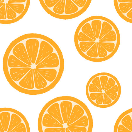 Juicy oranges pattern, vector illustration. Seamless bright summer background with orange fruits. Solid wallpaper, citrus halves.のイラスト素材