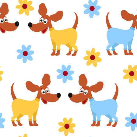 Pattern enamored dogs with flowers, vector illustration. Male and female dogs look at each other. Background with pets and flowers. Wallpaper dogs in clothes.のイラスト素材