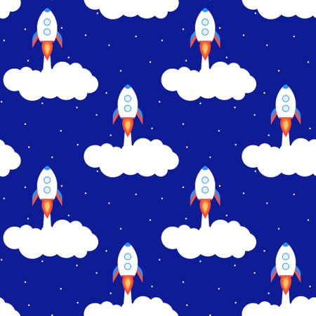 Space pattern with rockets for children vector illustration. Seamless pattern with flying rocket, clouds and stars on a blue night background. Cartoon template for wallpaper, packaging, fabric and baby things.のイラスト素材