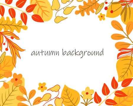 Autumn bright colorful background for a postcard or banner. Pattern with falling red orange and yellow leaves and flowers. Fall banner vector illustration.のイラスト素材
