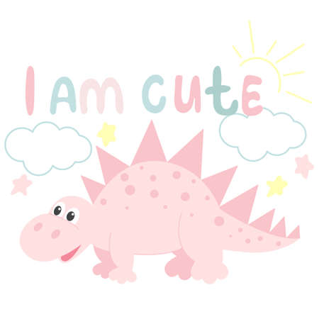 Baby greeting card with dinosaur and hand lettering vector illustration. Inscription I am cute and animal. Banner for a nursery or decor.のイラスト素材