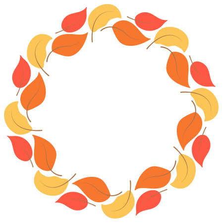 Circular frame fall leaves vector illustration. Autumn rim with red yellow and orange foliage. Round deciduous botanical seasonal wreath. Template for text.のイラスト素材