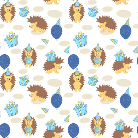 Hedgehog and birthday seamless pattern. Vector illustration of animals with balloon kopak and gifts. Pattern for wallpaper, packaging, nursery and fabric.のイラスト素材