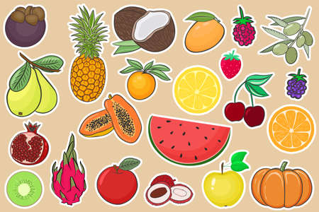 Collection of fruits and berries stickers vector illustration. A large set of summer exotic fruits, juicy and ripe berries. Organic healthy food stickers.のイラスト素材