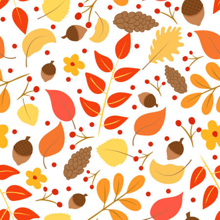 Seamless pattern with autumn leaves, pine cones and acorns vector illustration. Template for autumn postcards, packaging and banner. Falling leaves background.のイラスト素材