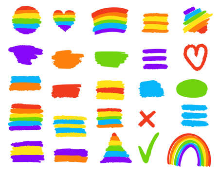 Set of spots and highlighters brush strokes vector illustration. LGBT flag, rainbow background and multicolored watermarks. Paint smears for design.のイラスト素材