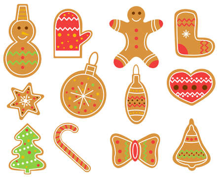 Set of Christmas gingerbread cookies vector flat illustration. Collection of traditional baked goods for the new year. Handmade gift. Winter holiday elements.のイラスト素材