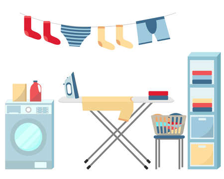 Washing and ironing clothes vector set. Laundry items, clothing and textile care. Collection of washing machine, ironing board and iron, washing powder, wardrobe and things. Flat illustration.のイラスト素材