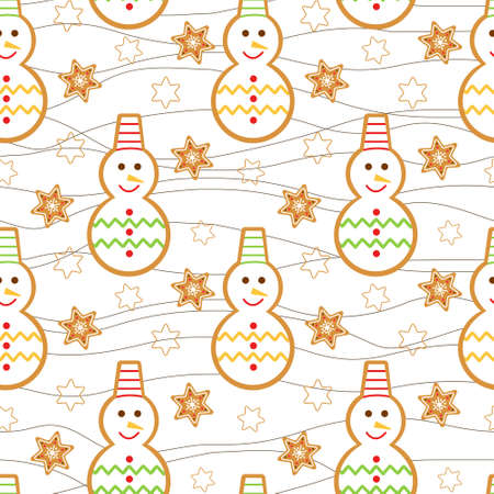 Christmas glazed snowmen seamless pattern. Background with traditional New Year's holiday pastries. Gingerbread template for gift wrapping, fabric and wallpaper.のイラスト素材