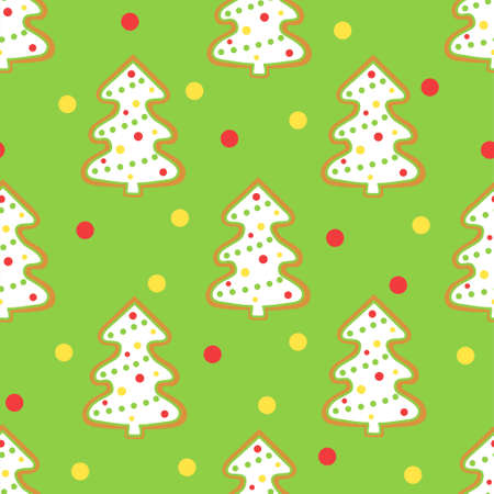 Christmas and New Year seamless pattern with fir trees. Vector background with glazed gingerbreads in the form of Christmas trees. Decorated pine trees with garlands and balls. Template for gift wrapping paper, wallpaper and fabric.のイラスト素材