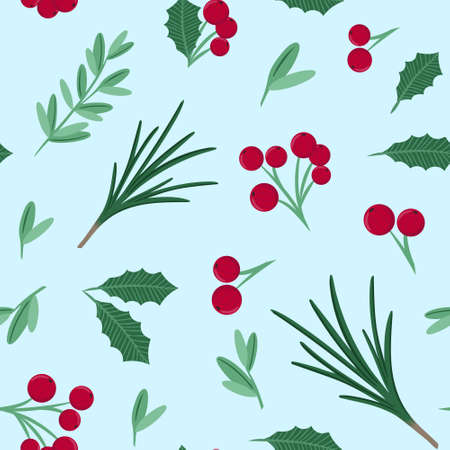 Christmas and New Year pattern for gift wrapping paper, wallpaper and fabric. Seamless background with berries, branches and leaves. Traditional festive winter vector template.のイラスト素材