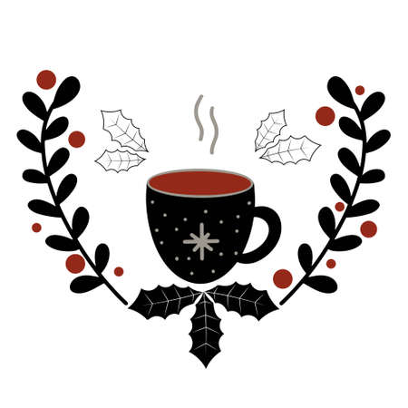 Christmas and New Year card with a cup of tea, leaves and berries vector illustration. Template for printing. Cozy winter banner, warming illustration, hand drawing.のイラスト素材