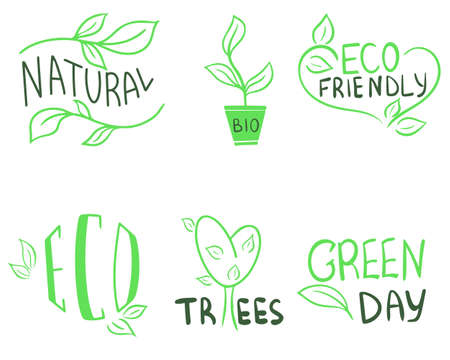 Set of handwritten eco and organic icons vector illustration. Green symbols are forgotten about nature and the planet. Eco friendly handcrafted images.のイラスト素材