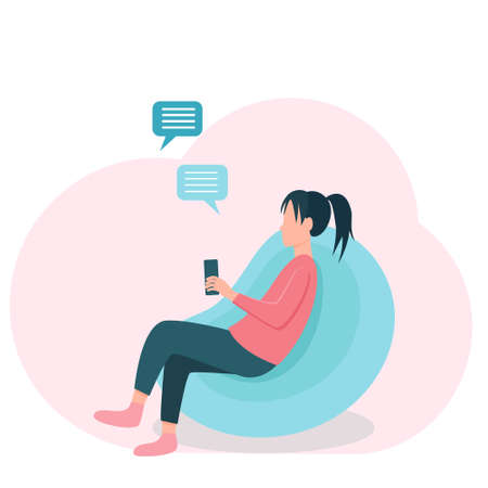A girl sits on a frameless chair with a phone in her hands, vector illustration. An adult woman is texting in a chat. Online communication at a distance.のイラスト素材