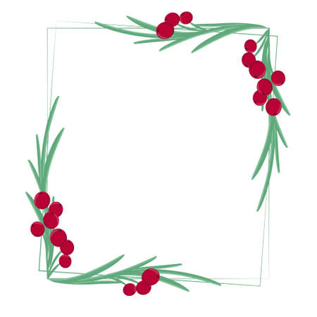 Beautiful Christmas frame with red berries and leaves, vector illustration. Square composite botanical template for New Year or Christmas greetings or invitations. Handmade graphics, natural contour.のイラスト素材