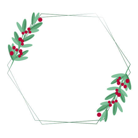 Beautiful Christmas polygonal frame with red berries and leaves, vector illustration. Composite botanical template for New Year or Christmas greetings or invitations. Handmade graphics, natural contour.のイラスト素材