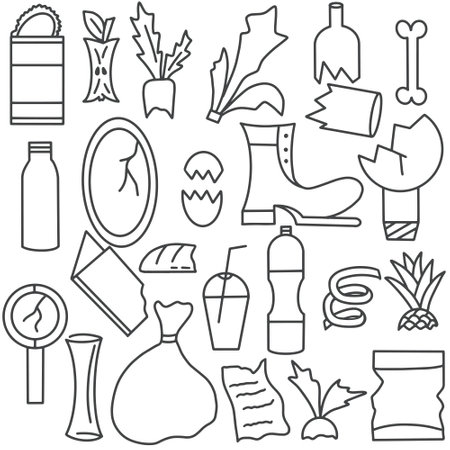 Household waste doodle collection vector illustration. Set of organic and inorganic household waste, hand drawing. Outline bottle, toys, jars and food leftovers.のイラスト素材