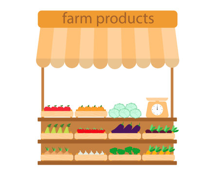 Farm products kiosk. Retail sale of own local vegetables and fruits, concept. Market pavilion with organic food, vector illustration, flat style.のイラスト素材