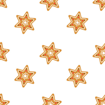 Gingerbread stars Christmas seamless pattern. Background with traditional pastries. Gingerbread cookies decorated with glaze. Template for packaging, fabric and gifts.のイラスト素材