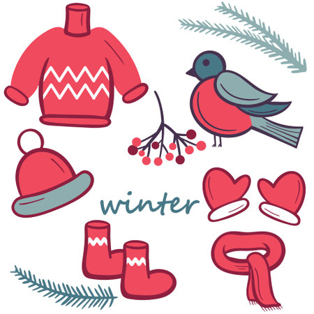 Winter set of cozy atmospheric elements, vector illustration. Knitted sweater, mittens, hat and scarf, bullfinch with spruce branches and mountain ash. Christmas home collection, flat style.のイラスト素材