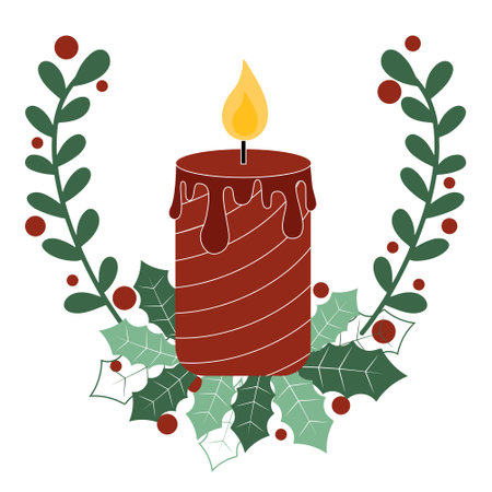 Christmas candle with deciduous twigs and holly, vector illustration. Postcard for the new year and christmas. Festive traditional template for congratulations.のイラスト素材